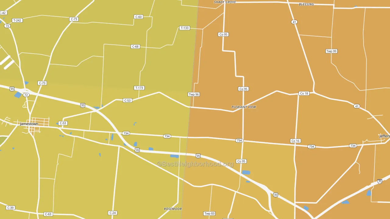 Map of the best neighborhoods in the Pleasant View area, with better matches in green and worse matches in red