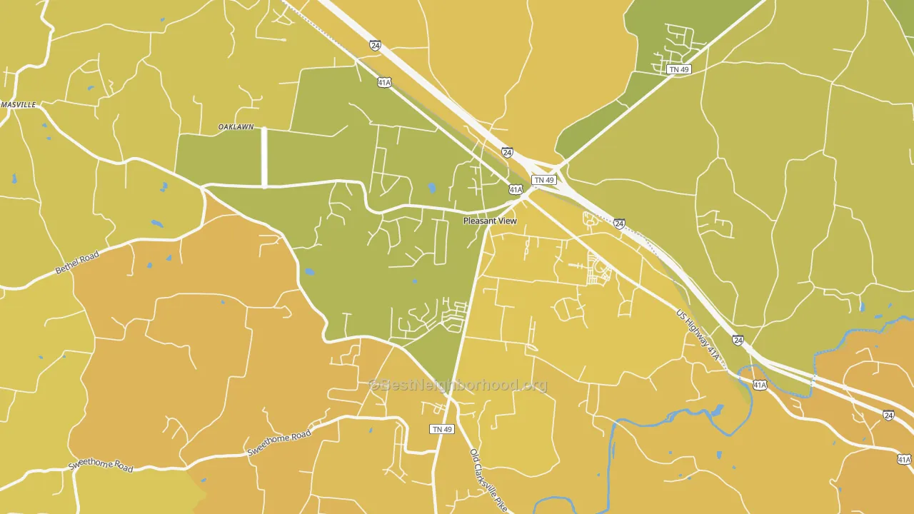 Map of the best neighborhoods in the Pleasant View area, with better matches in green and worse matches in red