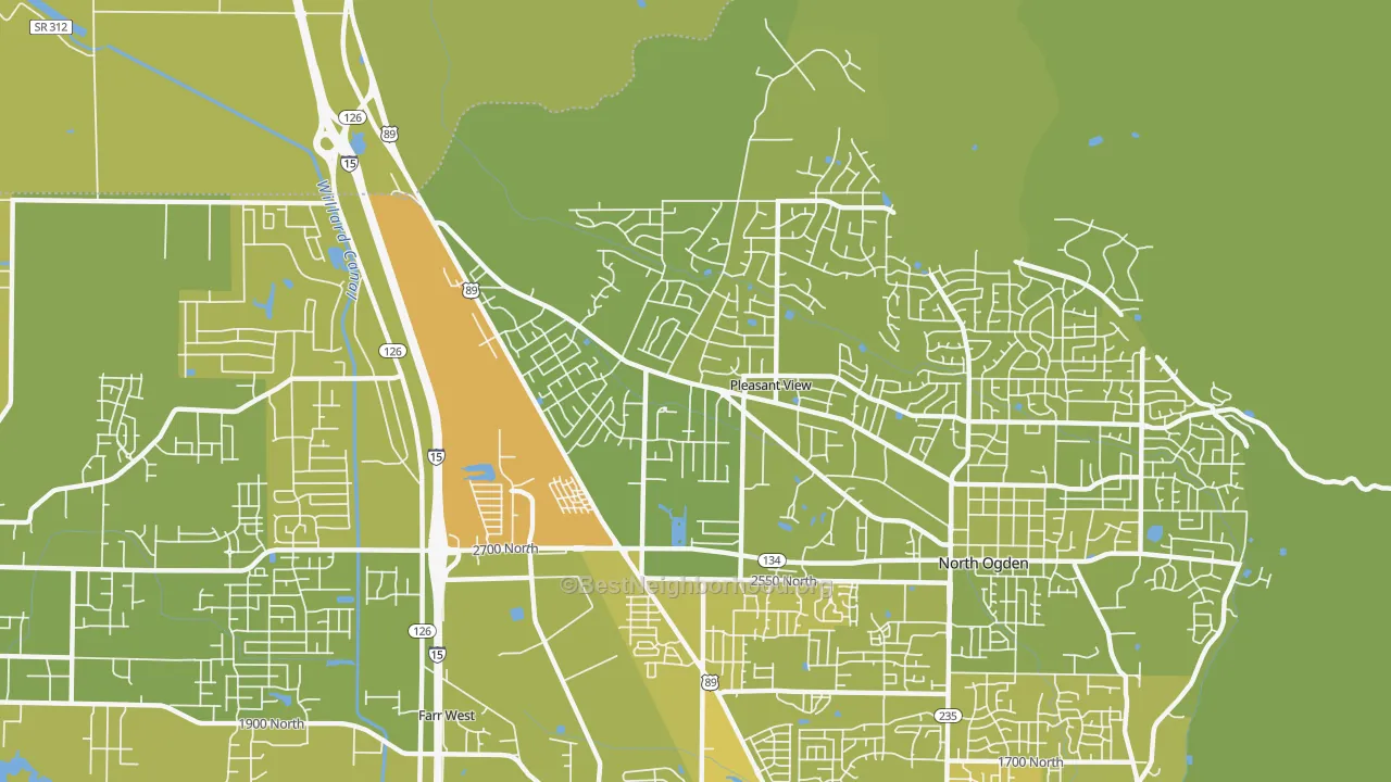 Map of the best neighborhoods in the Pleasant View area, with better matches in green and worse matches in red