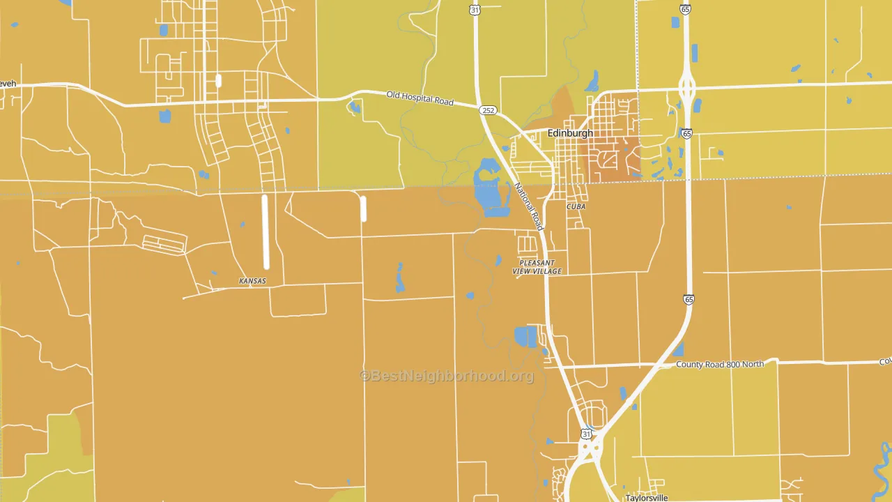 Map of the best neighborhoods in the Pleasant View Village area, with better matches in green and worse matches in red
