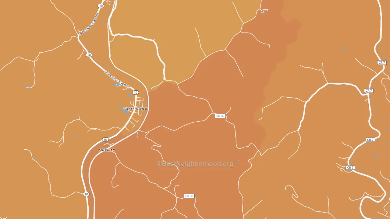 Map of the best neighborhoods in the Pleasant View area, with better matches in green and worse matches in red