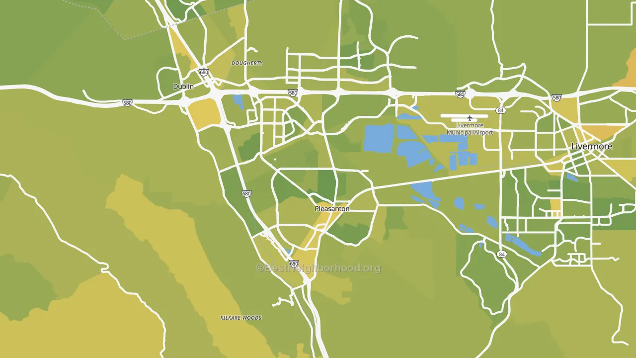 Map of the best neighborhoods in the Pleasanton area, with better matches in green and worse matches in red