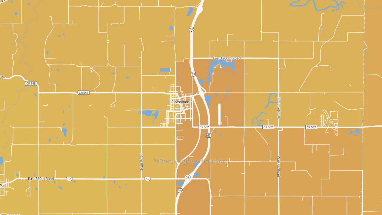 Map of the best neighborhoods in the Pleasanton area, with better matches in green and worse matches in red