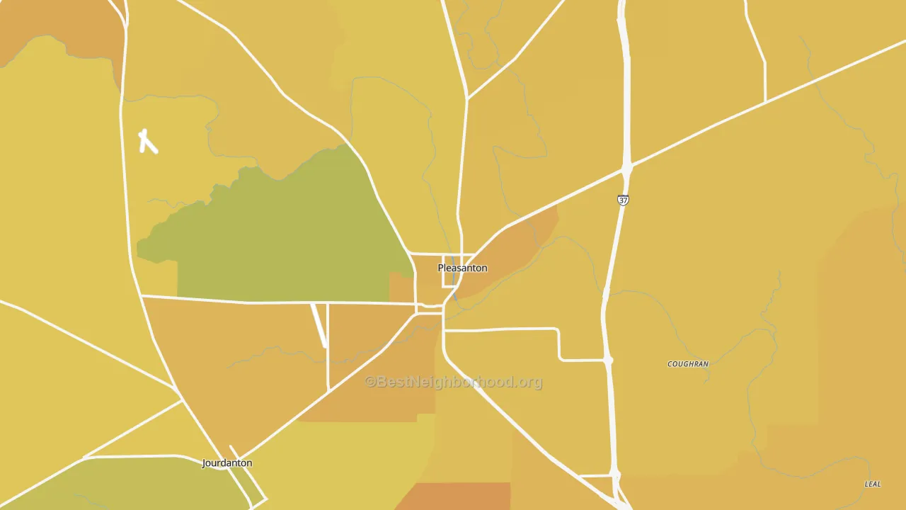 Map of the best neighborhoods in the Pleasanton area, with better matches in green and worse matches in red