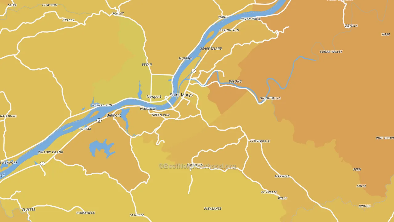 Map of the best neighborhoods in the Pleasants County area, with better matches in green and worse matches in red