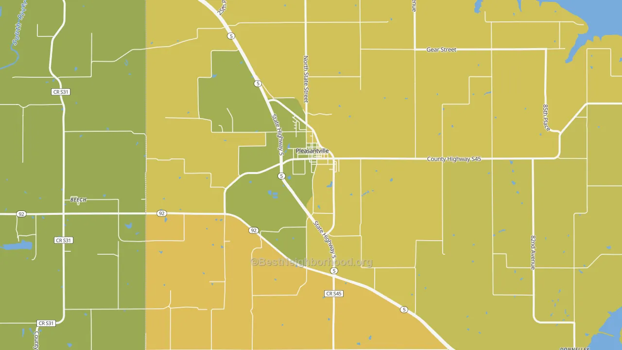 Map of the best neighborhoods in the Pleasantville area, with better matches in green and worse matches in red