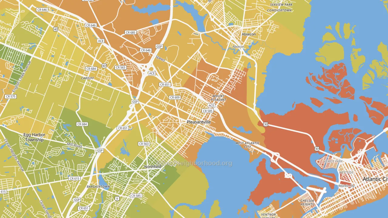 Map of the best neighborhoods in the Pleasantville area, with better matches in green and worse matches in red