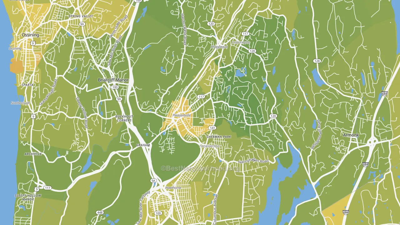 Map of the best neighborhoods in the Pleasantville area, with better matches in green and worse matches in red