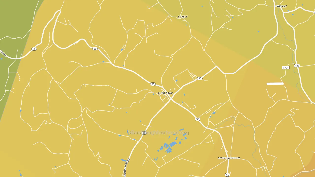 Map of the best neighborhoods in the Pleasantville West St Clair area, with better matches in green and worse matches in red