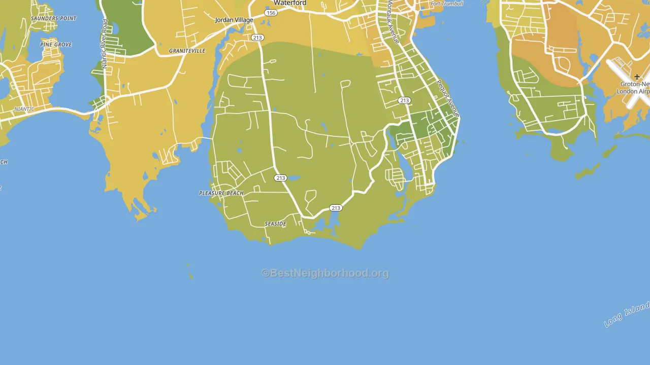 Map of the best neighborhoods in the Pleasure Beach area, with better matches in green and worse matches in red