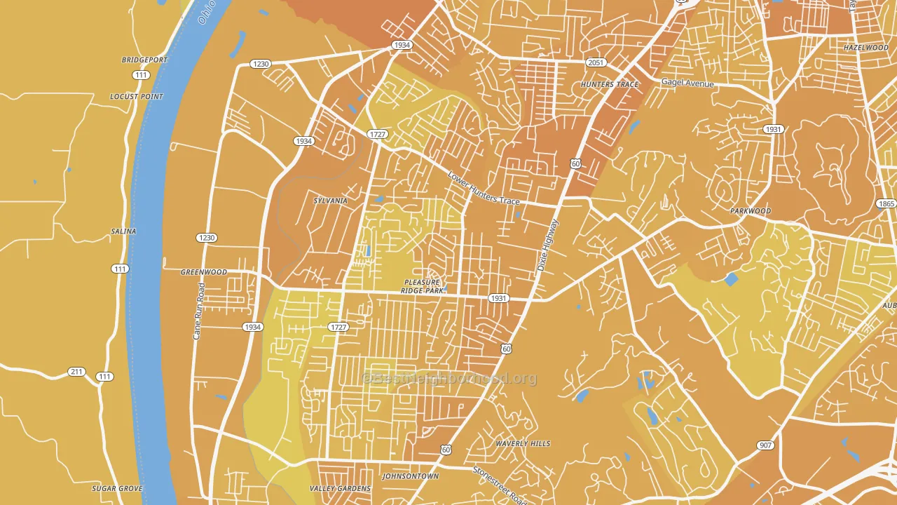 Map of the best neighborhoods in the Pleasure Ridge Park, Louisville area, with better matches in green and worse matches in red