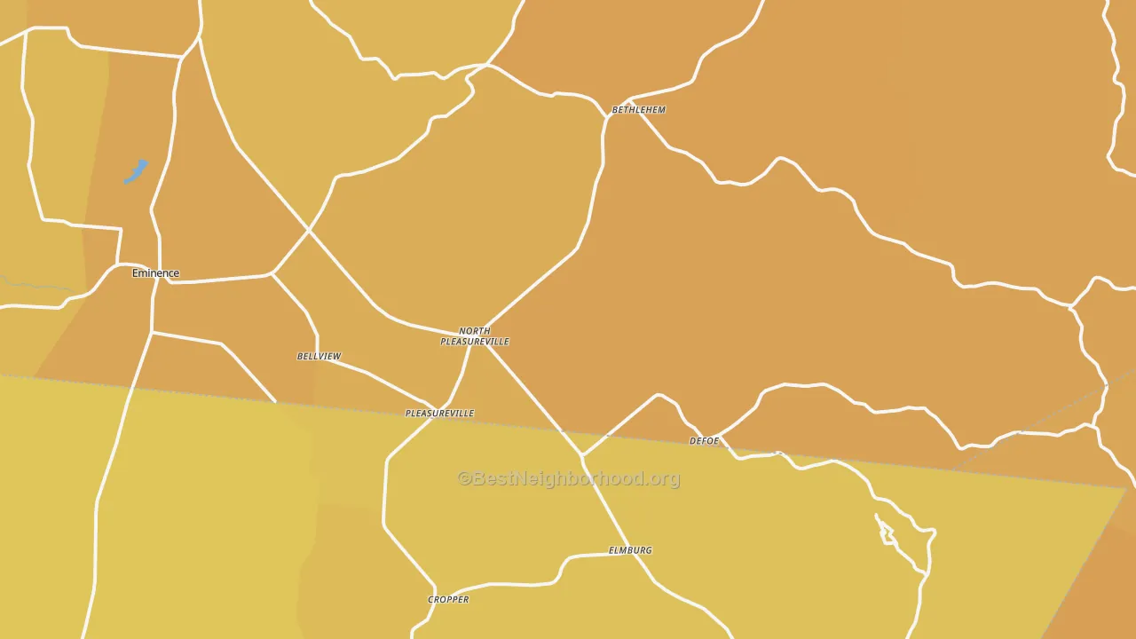 Map of the best neighborhoods in the Pleasureville area, with better matches in green and worse matches in red
