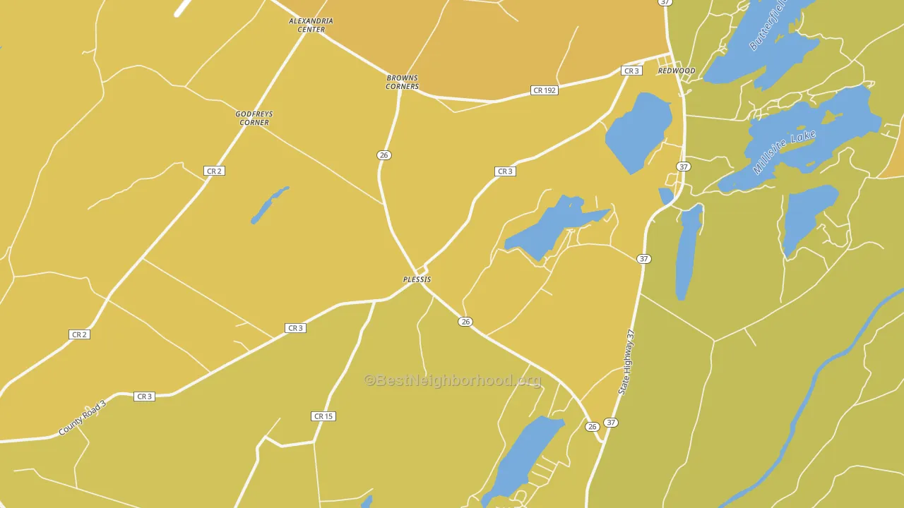Map of the best neighborhoods in the Plessis area, with better matches in green and worse matches in red