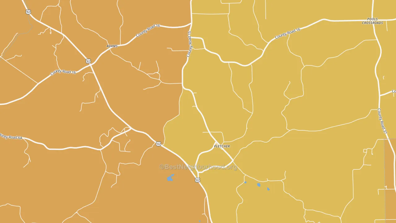 Map of the best neighborhoods in the Pletcher area, with better matches in green and worse matches in red