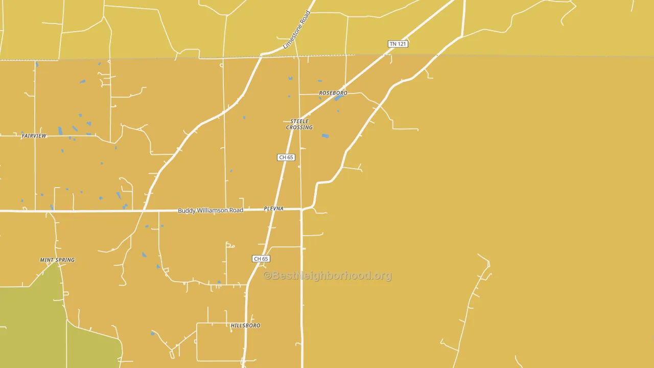 Map of the best neighborhoods in the Plevna area, with better matches in green and worse matches in red