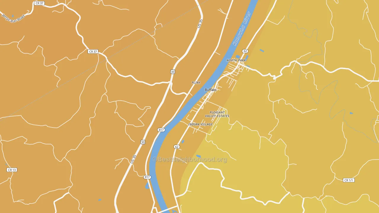 Map of the best neighborhoods in the Pliny area, with better matches in green and worse matches in red