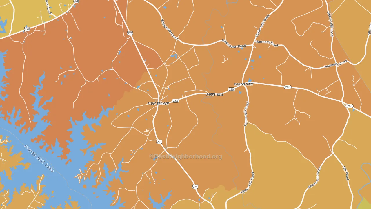 Map of the best neighborhoods in the Plum Branch area, with better matches in green and worse matches in red