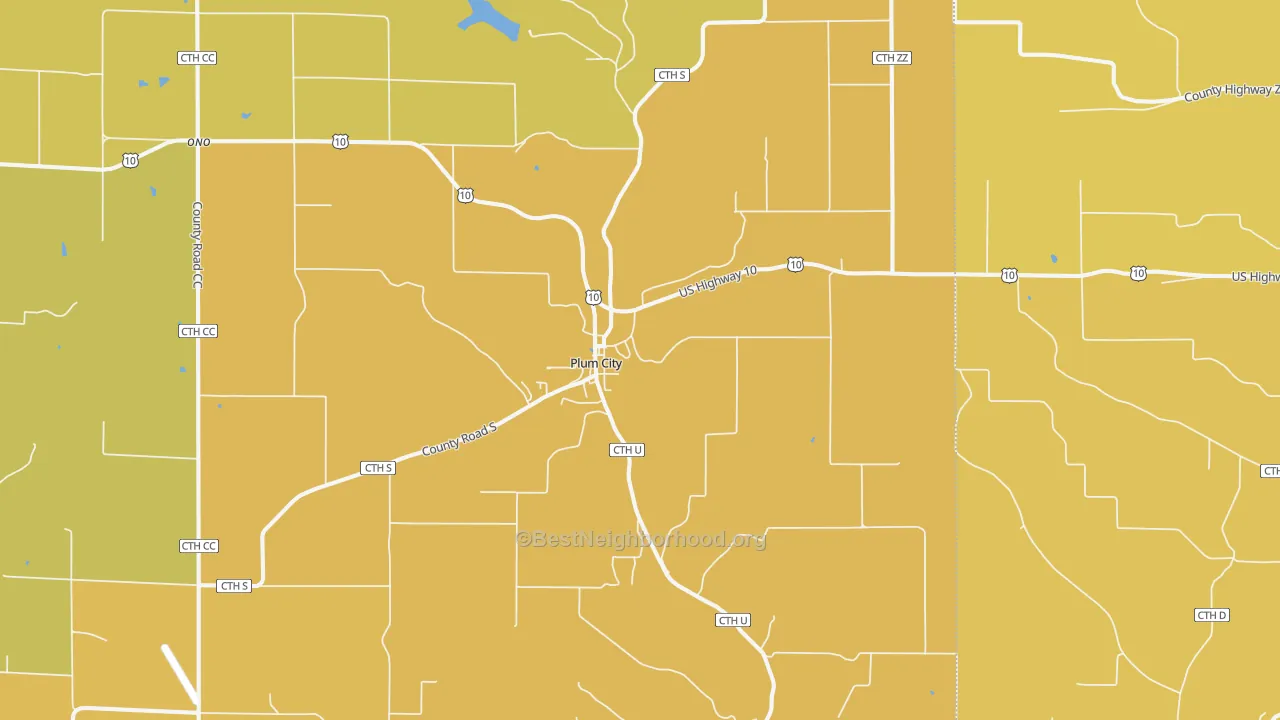 Map of the best neighborhoods in the Plum City area, with better matches in green and worse matches in red