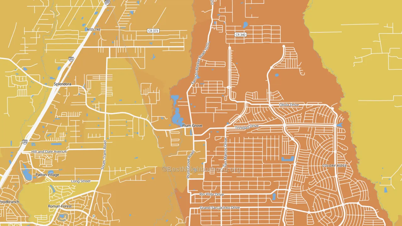 Map of the best neighborhoods in the Plum Grove area, with better matches in green and worse matches in red