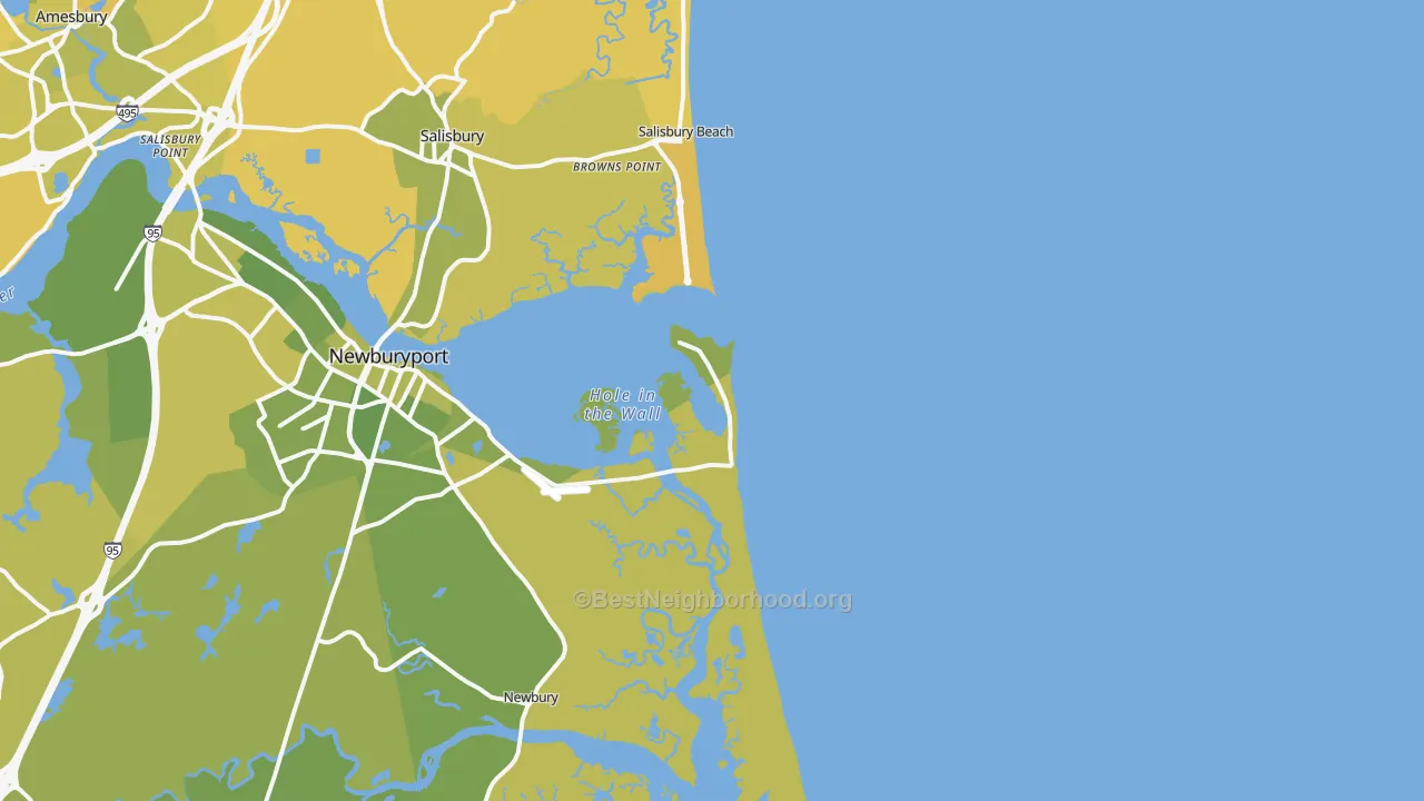 Map of the best neighborhoods in the Plum Island area, with better matches in green and worse matches in red