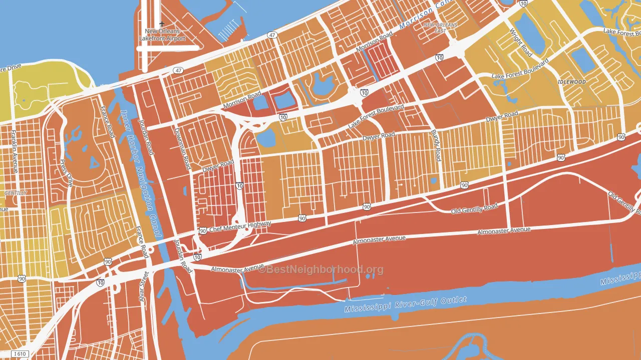 Map of the best neighborhoods in the Plum Orchard, New Orleans area, with better matches in green and worse matches in red