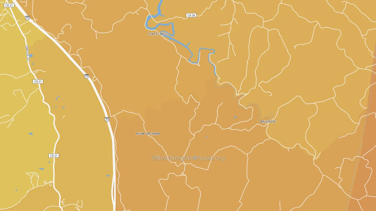 Map of the best neighborhoods in the Plum Orchard area, with better matches in green and worse matches in red