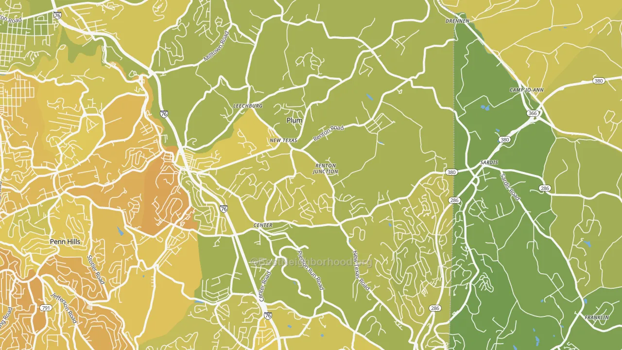 Map of the best neighborhoods in the Plum area, with better matches in green and worse matches in red