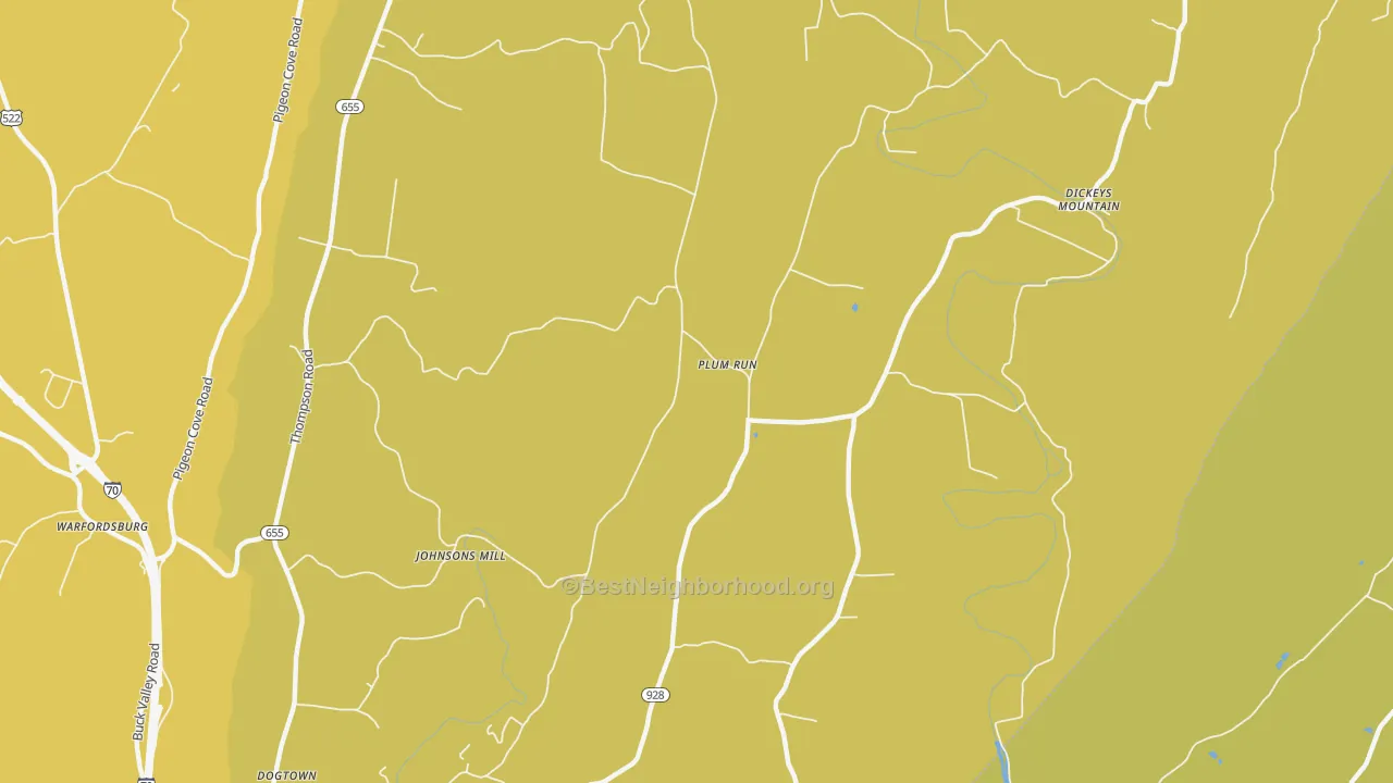 Map of the best neighborhoods in the Plum Run area, with better matches in green and worse matches in red