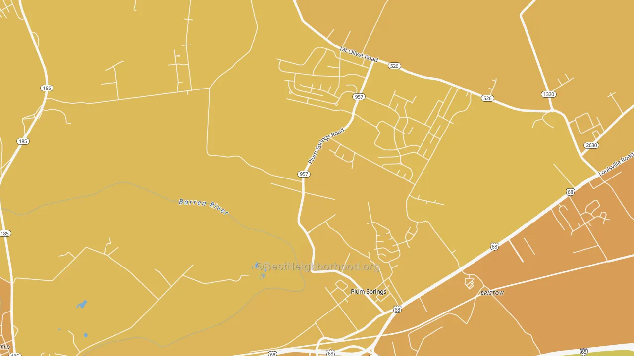 Map of the best neighborhoods in the Plum Springs area, with better matches in green and worse matches in red