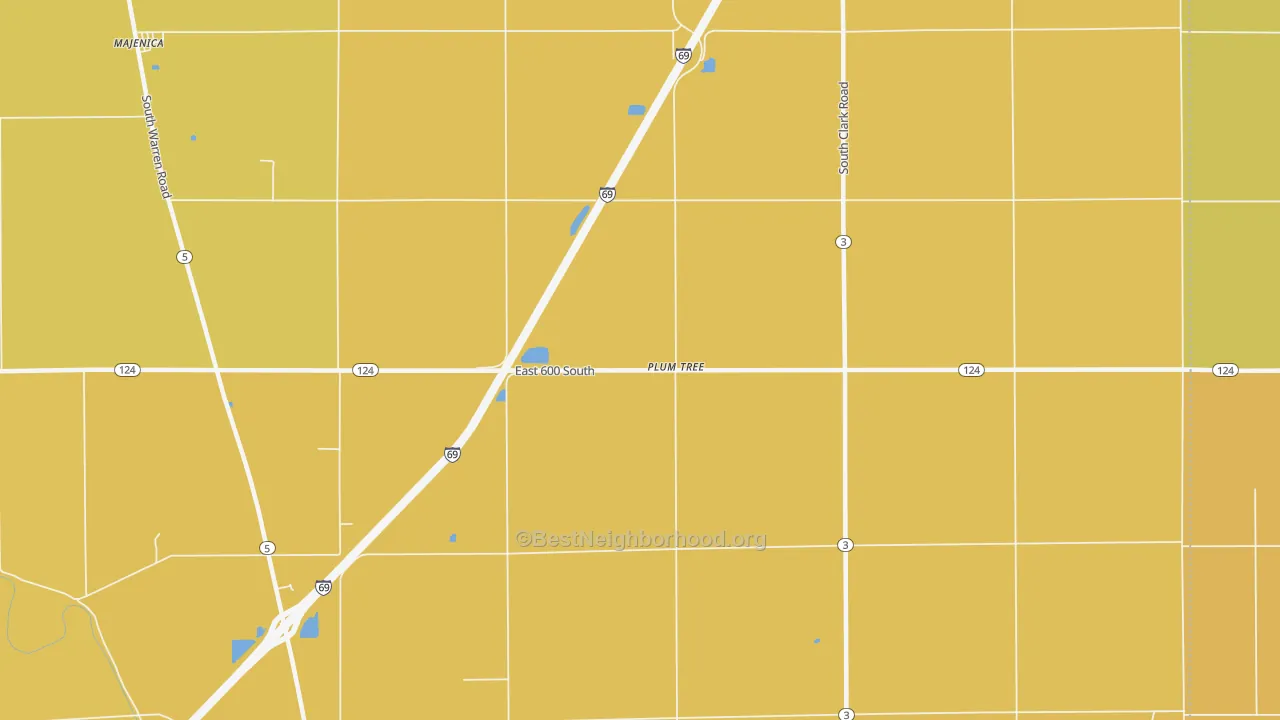 Map of the best neighborhoods in the Plum Tree area, with better matches in green and worse matches in red