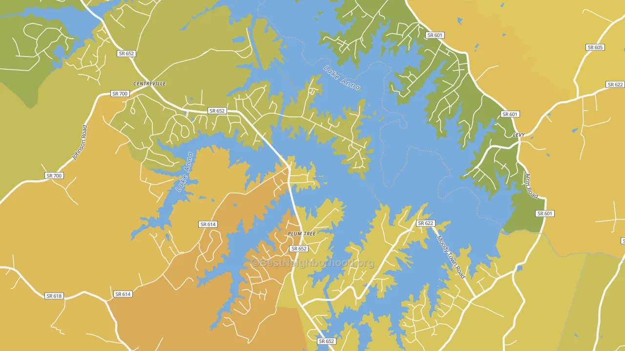 Map of the best neighborhoods in the Plum Tree area, with better matches in green and worse matches in red