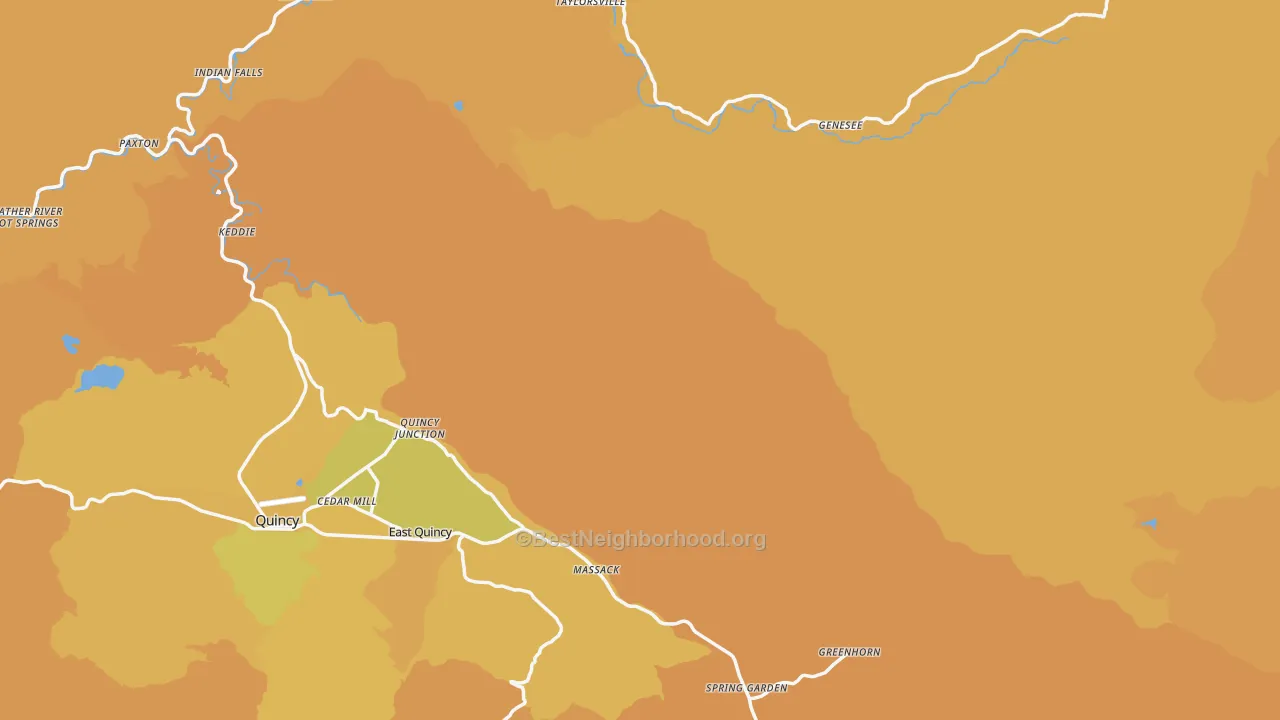 Map of the best neighborhoods in the Plumas County area, with better matches in green and worse matches in red