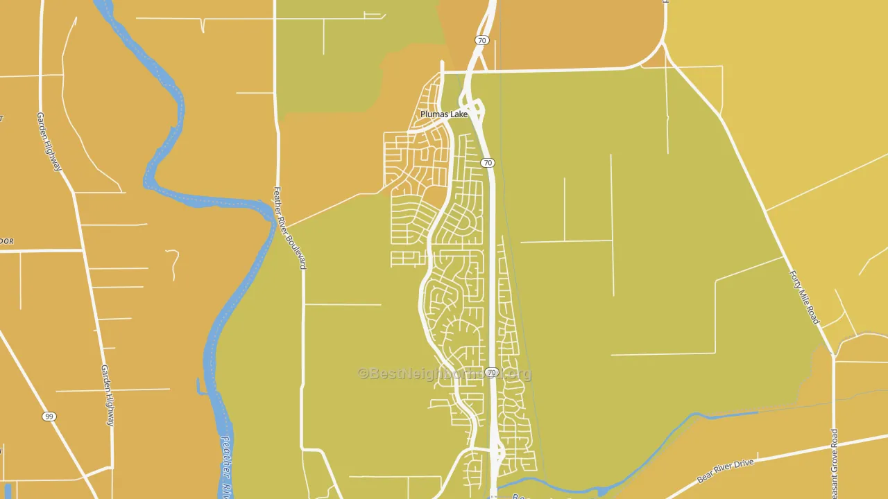 Map of the best neighborhoods in the Plumas Lake area, with better matches in green and worse matches in red