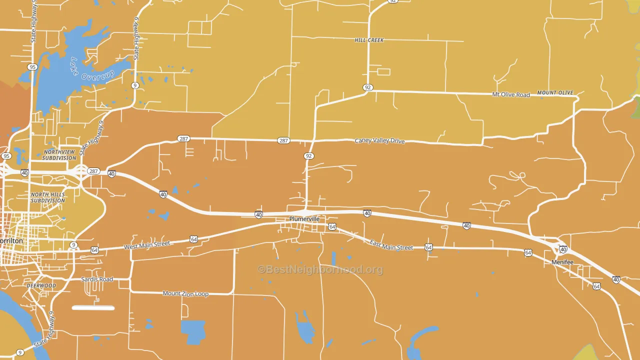 Map of the best neighborhoods in the Plumerville area, with better matches in green and worse matches in red