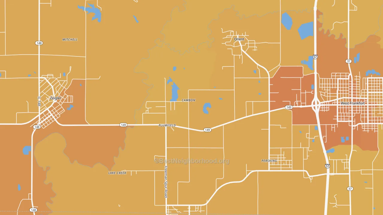 Map of the best neighborhoods in the Plumfield area, with better matches in green and worse matches in red