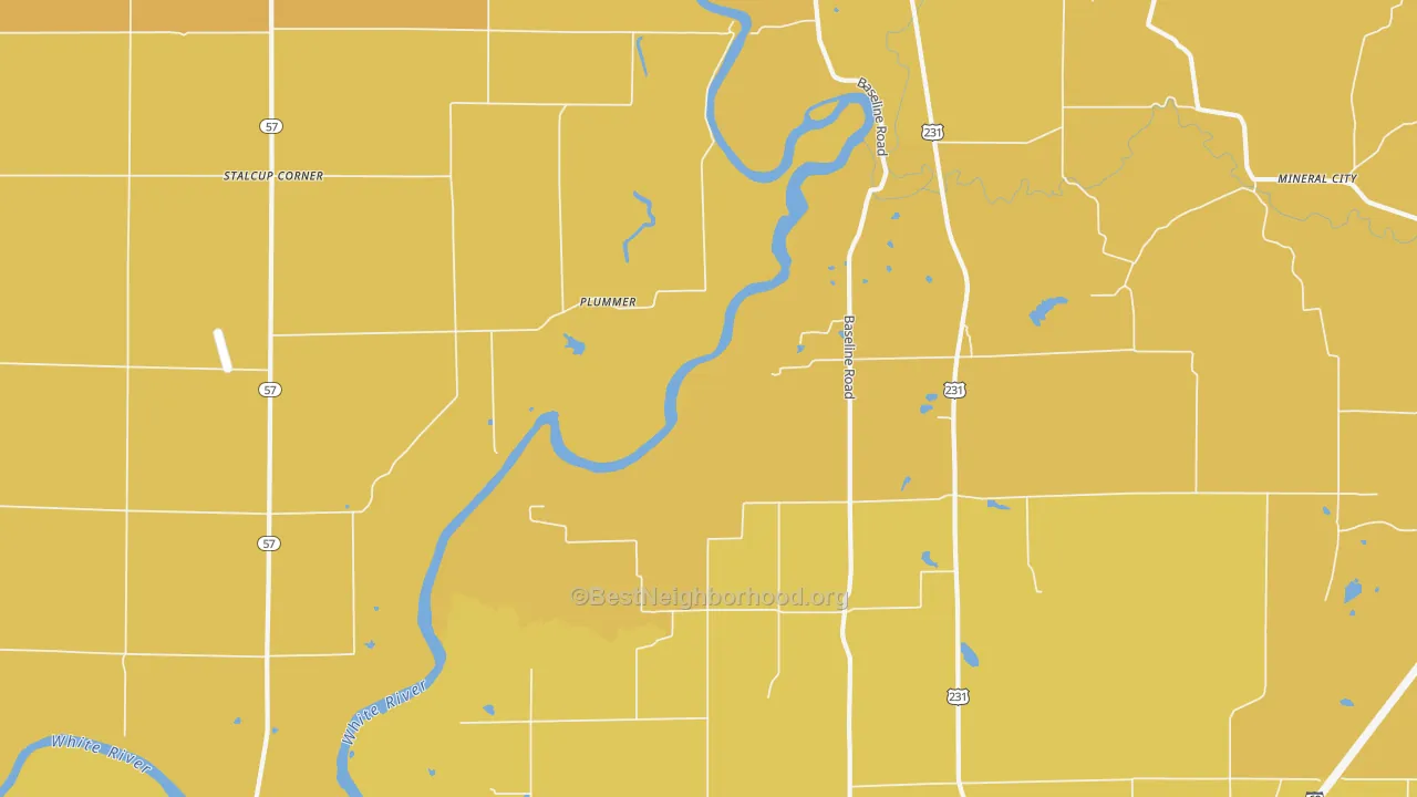 Map of the best neighborhoods in the Plummer area, with better matches in green and worse matches in red