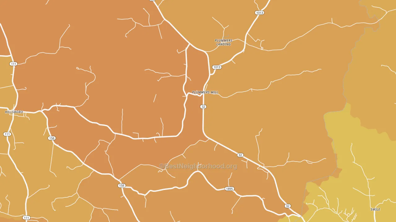 Map of the best neighborhoods in the Plummers Mill area, with better matches in green and worse matches in red