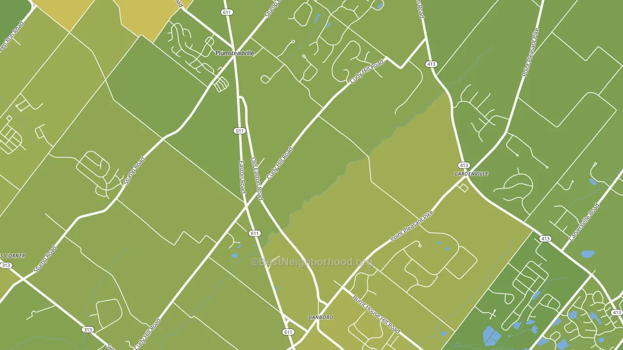 Map of the best neighborhoods in the Plumsteadville area, with better matches in green and worse matches in red