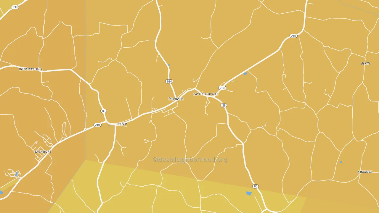 Map of the best neighborhoods in the Plumville area, with better matches in green and worse matches in red