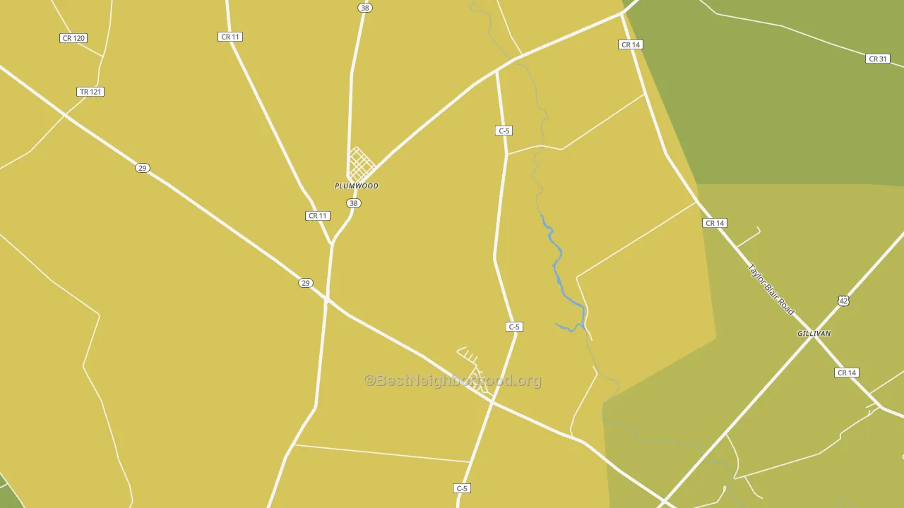 Map of the best neighborhoods in the Plumwood area, with better matches in green and worse matches in red