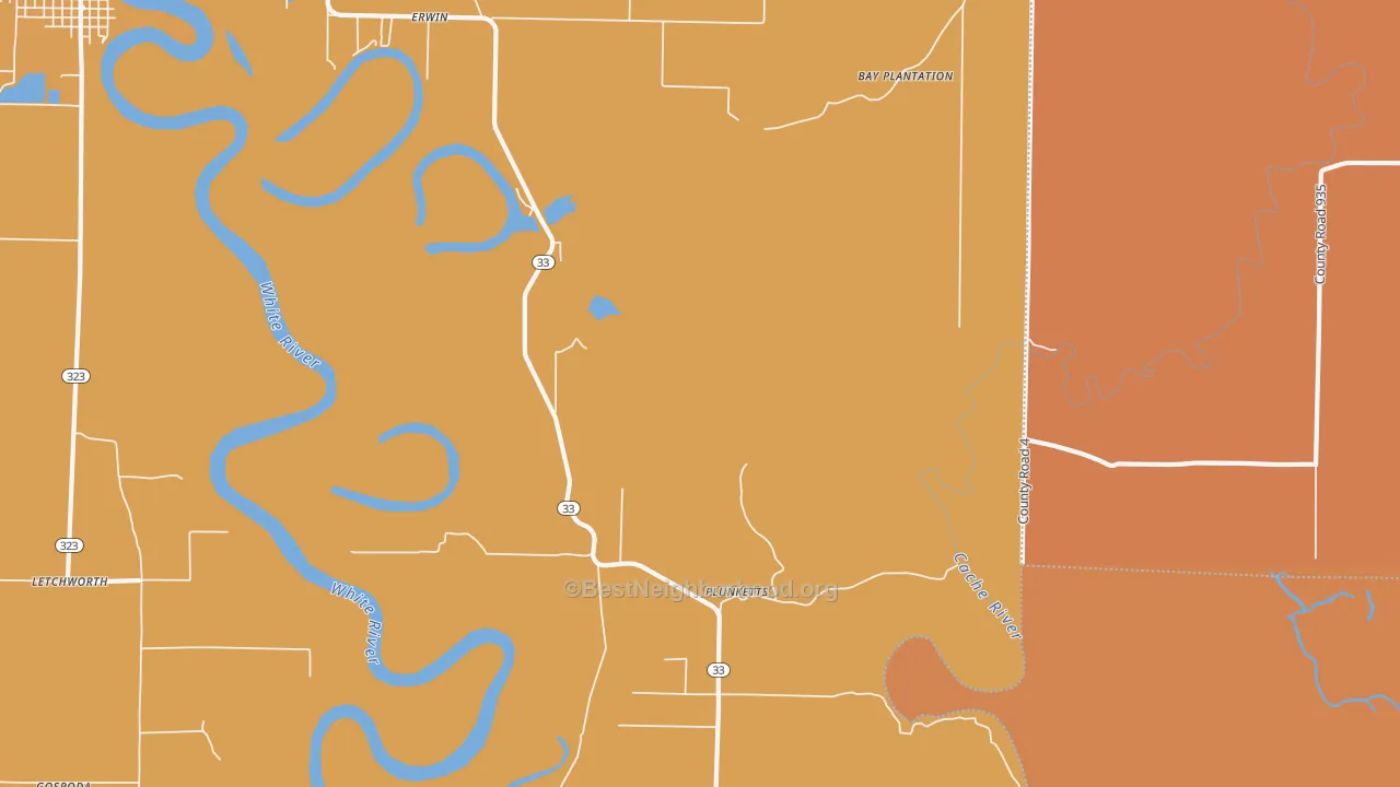 Map of the best neighborhoods in the Plunketts area, with better matches in green and worse matches in red