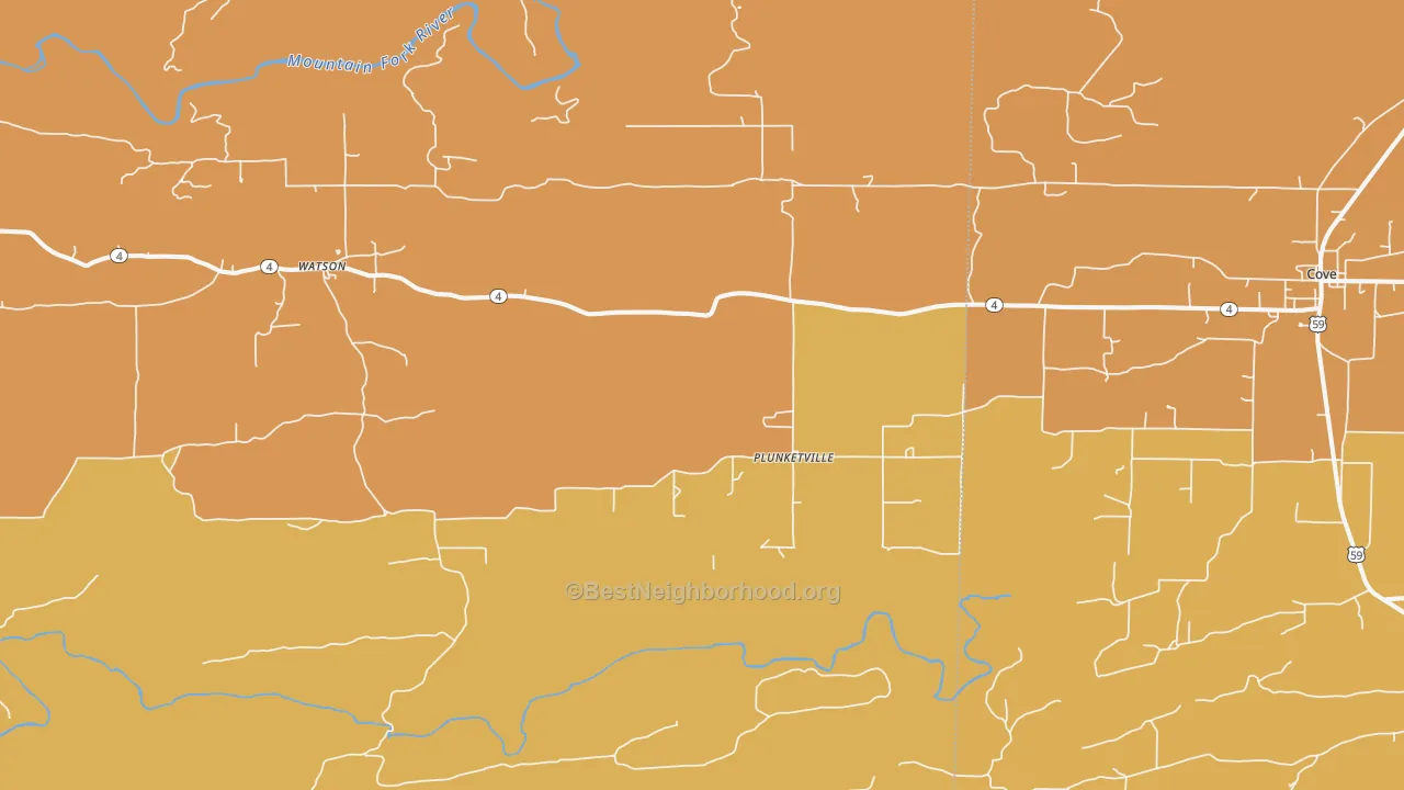Map of the best neighborhoods in the Plunketville area, with better matches in green and worse matches in red