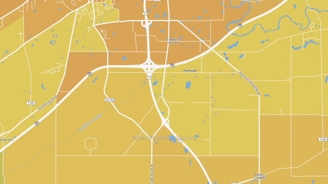 Map of the best neighborhoods in the Plymouth Center area, with better matches in green and worse matches in red
