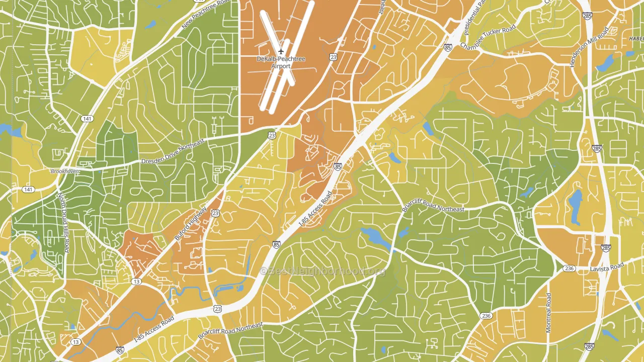 Map of the best neighborhoods in the Plymouth Colony, Atlanta area, with better matches in green and worse matches in red