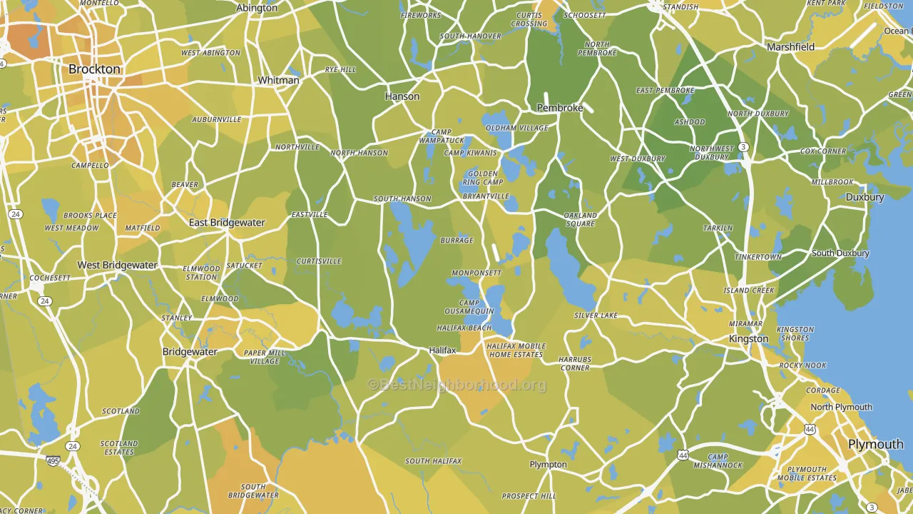 Map of the best neighborhoods in the Plymouth County area, with better matches in green and worse matches in red