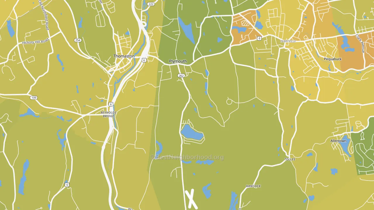 Map of the best neighborhoods in the Plymouth area, with better matches in green and worse matches in red