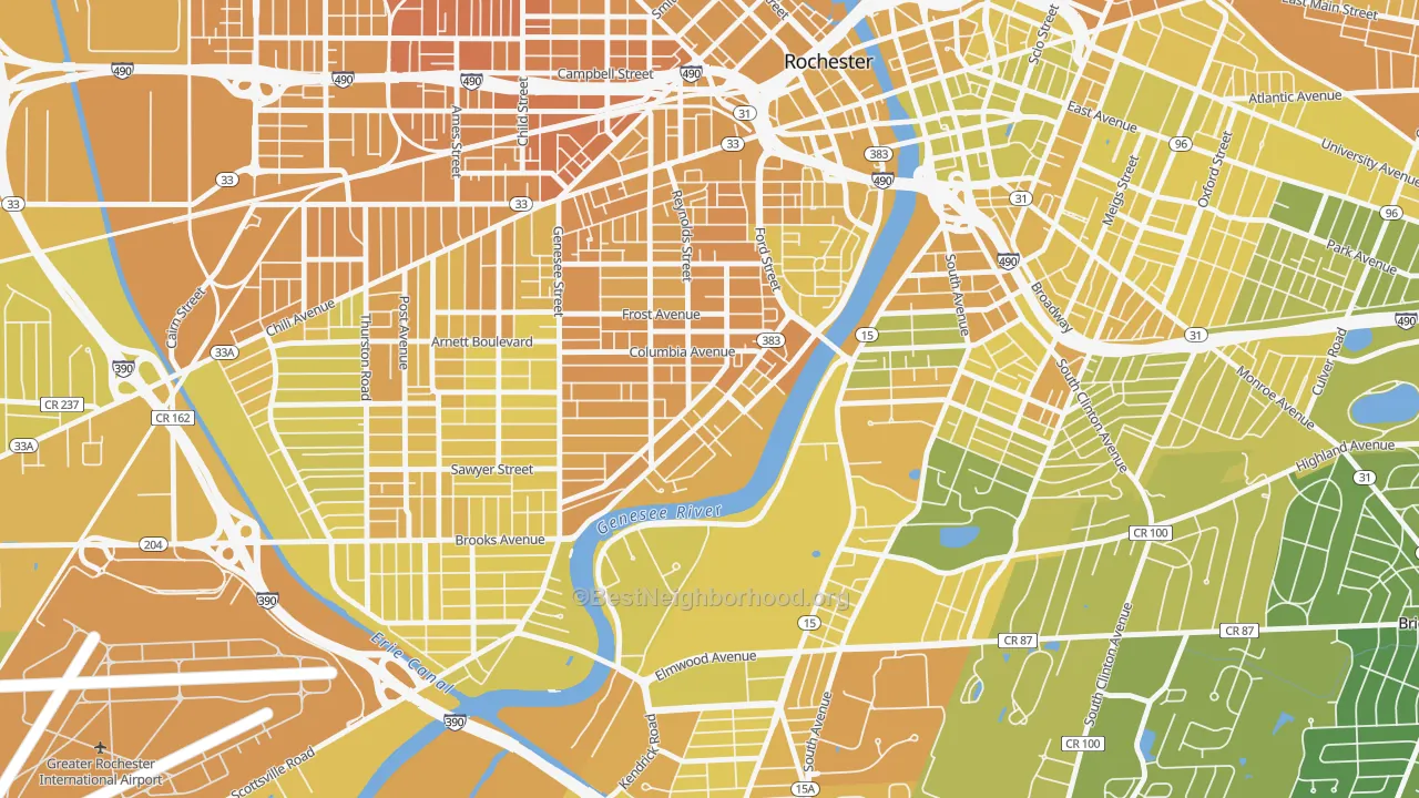 Map of the best neighborhoods in the Plymouth-Exchange, Rochester area, with better matches in green and worse matches in red