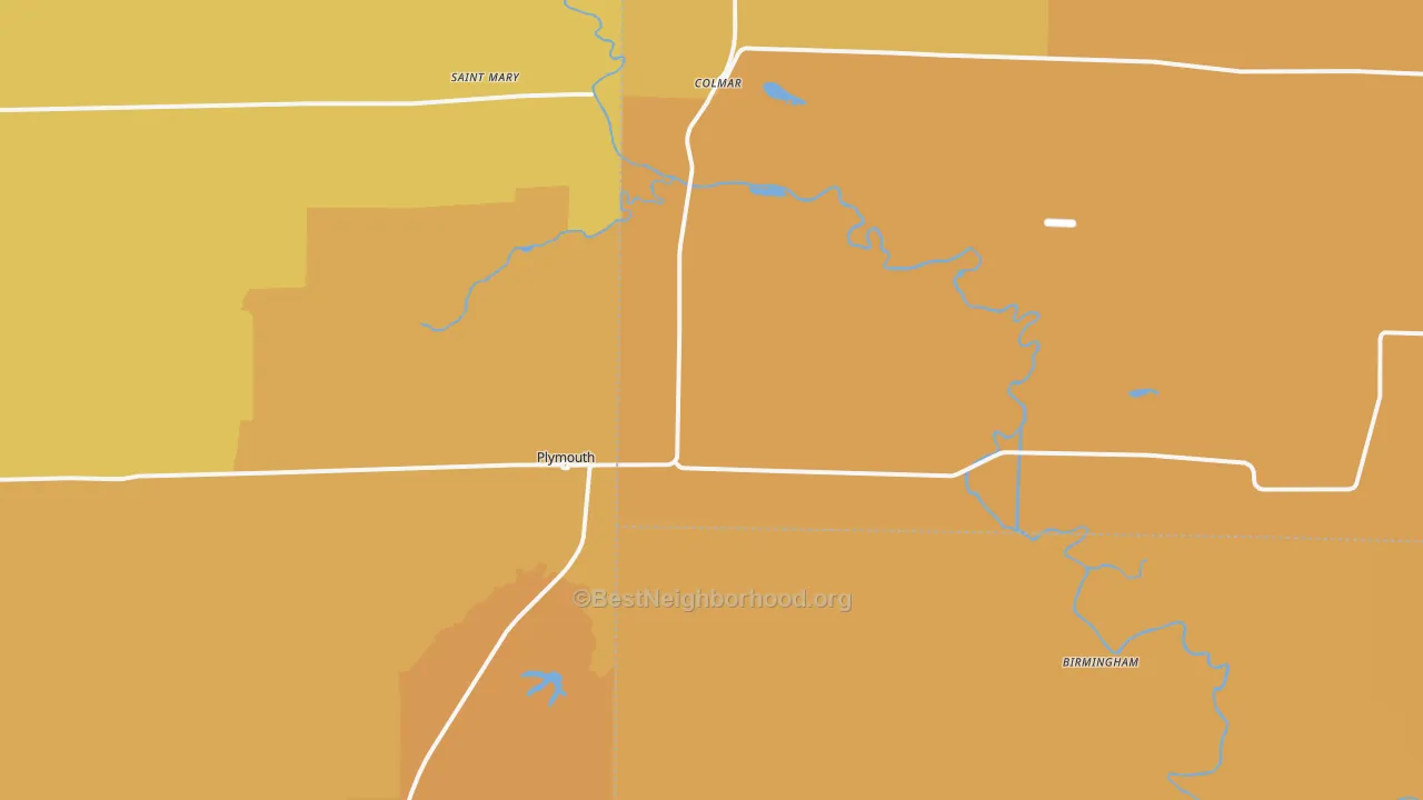 Map of the best neighborhoods in the Plymouth area, with better matches in green and worse matches in red