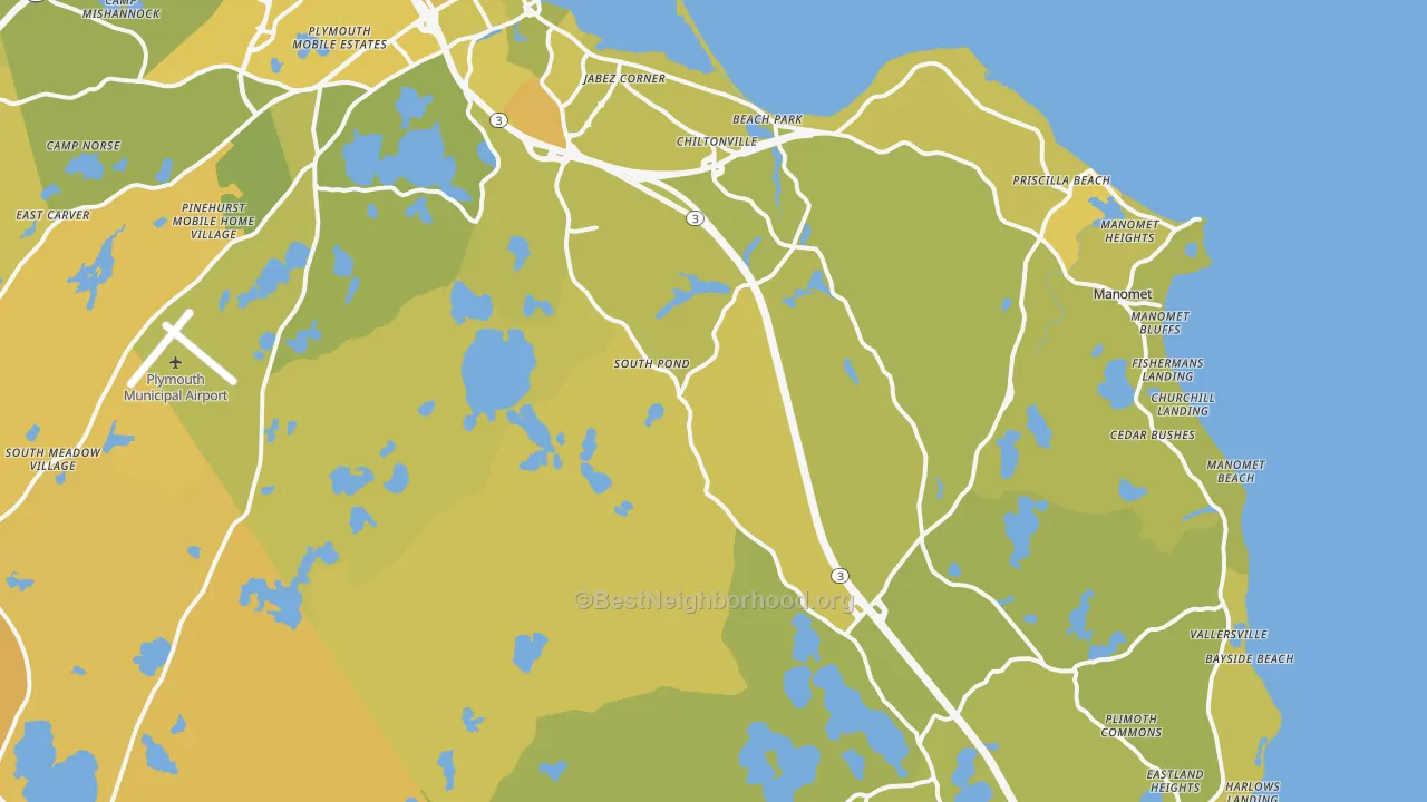 Map of the best neighborhoods in the Plymouth area, with better matches in green and worse matches in red