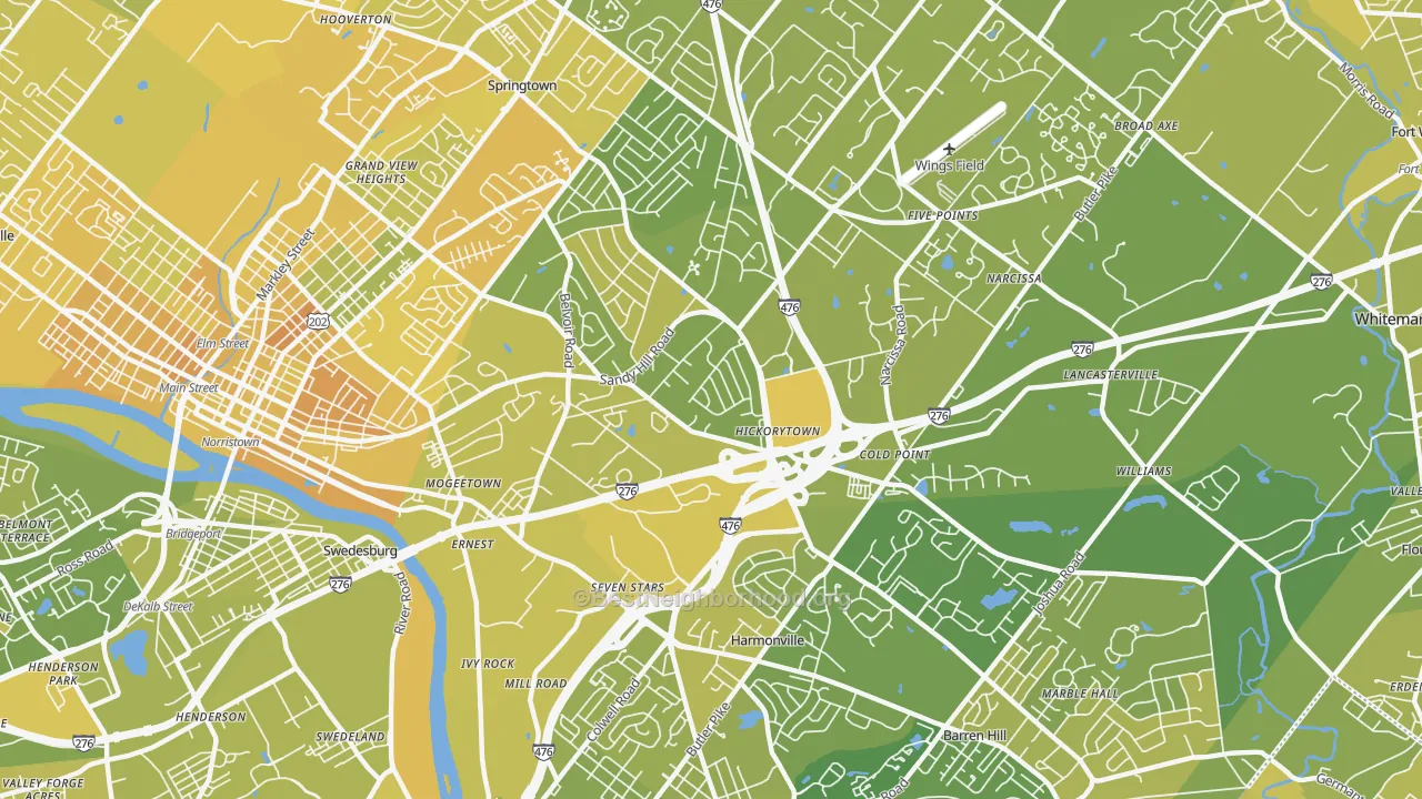 Map of the best neighborhoods in the Plymouth Meeting area, with better matches in green and worse matches in red